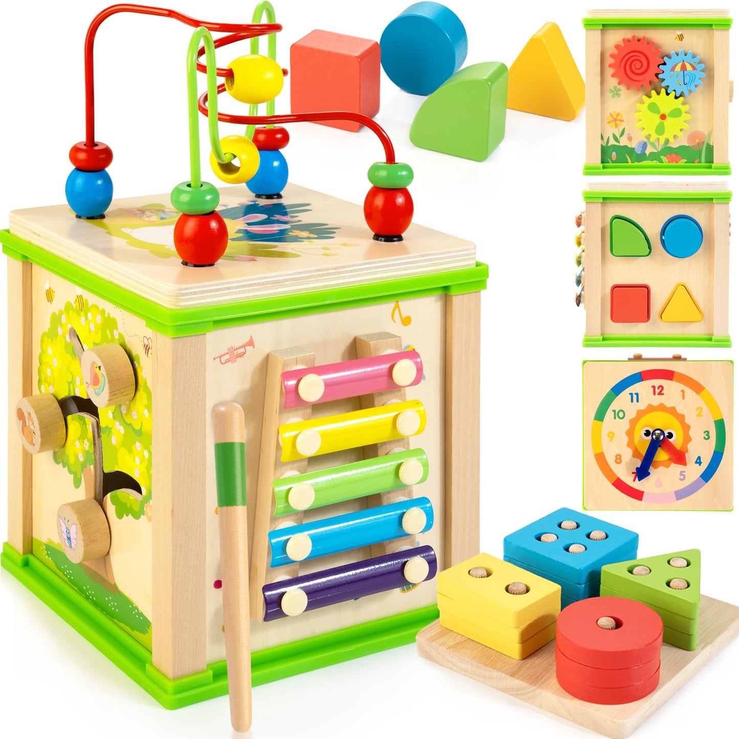 WOODMAM Wooden 7-in-1 Activity Cube| Montessori Toys for 1 Year Old Toddlers| Baby Educational Developmental Toys |One Year Old Boys Girls First Birthday Gifts |Bonus Sorting & Stacking Board
