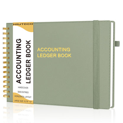 HAUTOCO Hardcover Accounting Ledger Book for Small Business Bookkeeping Horizontal Money Expense Tracker Notebook with 2 Storage Pouch, Personal Columnar Log Journal 10.78 x 8'', Olive Green
