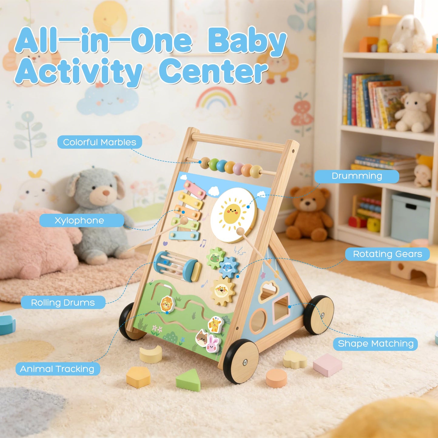 Ranqibo Wooden Baby Walker, Baby Walker with Wheels, Includes Montessori Sensory Toys and Activity Center, 6-18 Months for Boys and Girls
