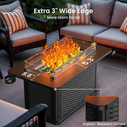 AMADA HOMEFURNISHING 43 Inch Propane Fire Pit Table, 60,000 BTU Gas Fire Pit with Premium Glass Rocks, Wind Guard Glass Shield, Waterproof Cover, Cup Holders, Fire Table for Patio and Garden