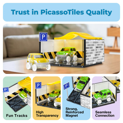 PicassoTiles Magnetic Tiles Race Car Track Kit Parking Garage Expansion Pack with 2 Cars Magnet Tile Building Blocks Educational Toy Learning Kit Pretend Play Construction Set Kids Child Ages 3+ PTR07