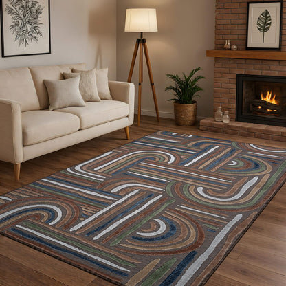 CAMILSON Indoor Outdoor Rug, Brown 5x7 Geometric Arch Striped Area Rugs for Patio and Home Areas, Easy-Cleaning Non-Shedding Living Room, Garden and Deck Washable Outside Carpet (5 x 7)