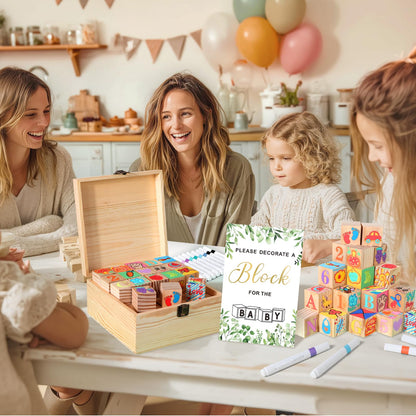 Pydeeirom Baby Shower Blocks Game Set with Wooden Box, Acrylic Markers & Wooden Sign for Baby Shower Games, Gender Reveal & Decorations (GreenLeaves)