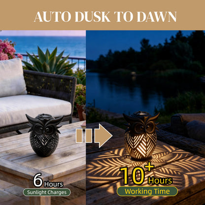 Hanging Owl Solar Lantern, Outdoor Waterproof Metal Solar Lights with Palm Leaf Shadow, Decorative Garden Lanterns for Yard Art Patio Decor, Whimsical Gifts for Women, Black