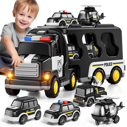 JUKUDAHU Police Truck Toy for 3 4 5 6 Years Old Boys - Carrier Vehicle Toy Set with 3 Small Cars and 1 Helicopter, Kids Firction Powered Car for Age 3-9, Gifts for Boys and Girls