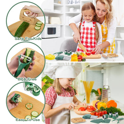 17 PCS Kids Knife Set for Real Cooking, Montessori Kitchen Tools for Toddlers, Cooking and Baking Set for Kids Little Chefs, Crinkle Cutter, Cutting Board, Safe Knife
