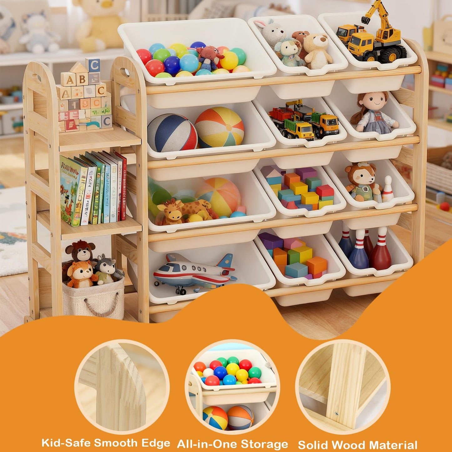 Toy Storage Organizer, Wooden Toy Organizers and Storage with Bookshelf, Toy Storage Shelf with 3 Shelves and 12 Storage Bins, Kids Bookshelf for Playroom, Nursery, Bedroom, Bookcase for Kids, White