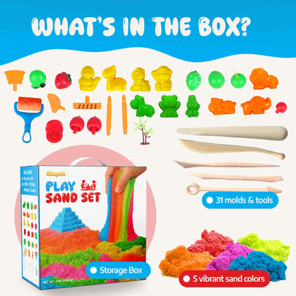 Sleepah Play Sand Sensory Sand Set for Boys & Girls Age 3 4 5 6 7 8 No Mess Never Dries Out Toy Perfect for Shaping Squeezing Scooping Rolling Molding – 31p Set 5 Colors Large Arts & Crafts Set Gift