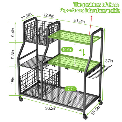 keomaisyto Garden Tool Organizer with Heavy Duty Wheels for Garage - with 2 Baskets, Large Yard Tool Organizer and Storage Holder, Utility Garden Tool Rack for/Shed/Garage/Yard/Basement/Lawn