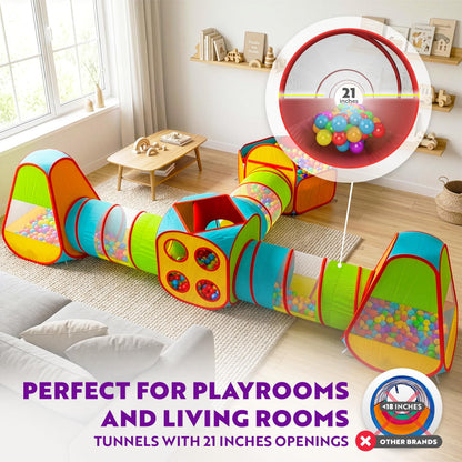 Playz 7pc Kids Play Tent with 1 Big Ball Pit for Babies, 3 Play Tunnel for Toddlers, and 3 Pop Up Tents Playhouse Bundle, Best Birthday Gift for Boys & Girls, Indoor & Outdoor Use Portable Play Center