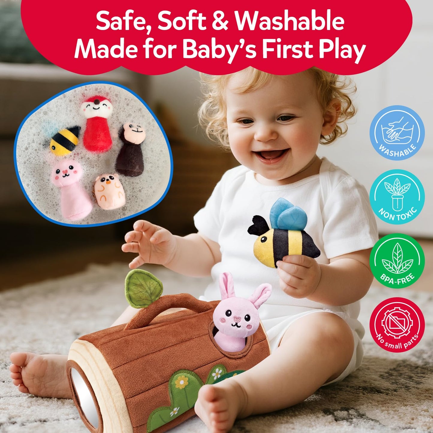CuteZone Baby Toys 6-12 Months, Stuffed Animals for Babies, Soft Plush Forest Sensory Toy Set with Rattle, Crinkle, Mirror and Tree Stump Storage, Cause and Effect Baby Boy Girl Gifts