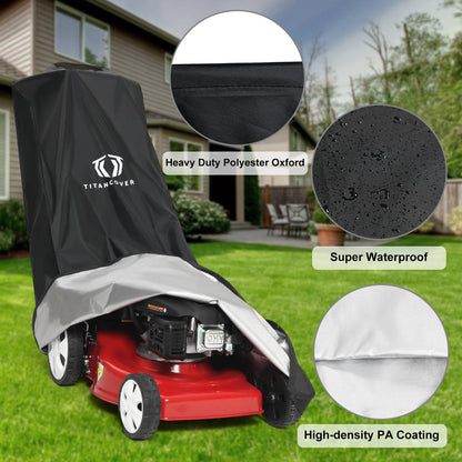 TitanCovers Lawn Mower Cover with PA Coating & Double Drawstring & Storage Bag, Heavy Duty 600D Polyester Oxford Push Mower Cover, Waterproof Lawnmower Covers for Outdoor
