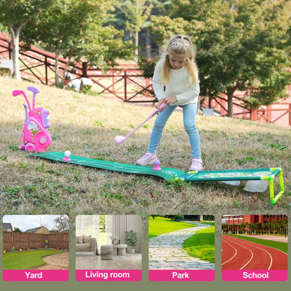 Jovizo Toddler Golf Set for Boys Girls 1 2 3 4 Years Old, Upgraded Kids Golf Cart with Putting Mat & Cornhole Board, Outdoor Indoor Sports Toys, Pink