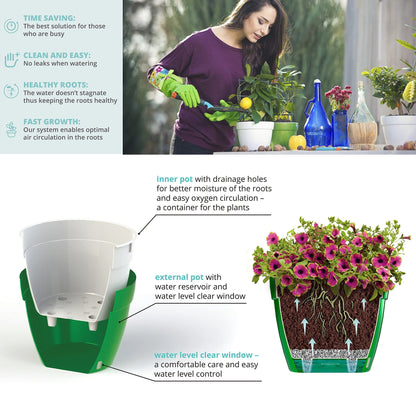 Santino ASTI 9.2 Inch Self Watering Planter Menthol/White for Indoor Plants - Premium Quality Modern Plastic Pot w/Water Level Indicator for All House Herbs, Plants, African Violets and Dahlias