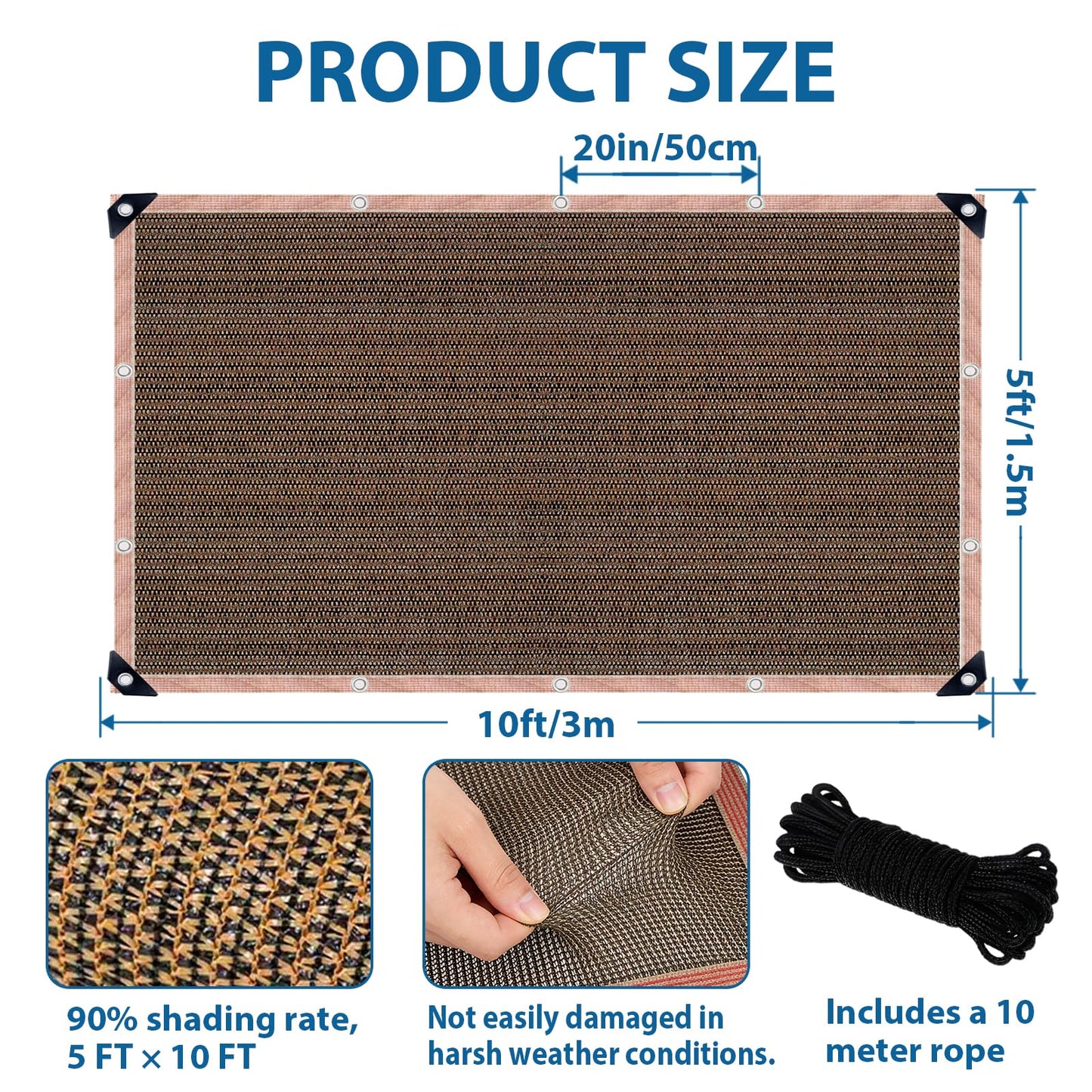 LCYFBE 90% Sun Shade Cloth with Grommets, 5 x 10 FT Pergola Shade Cover Canopy, Mesh Tarp Sun Screens for Patio, Outdoor, Garden, Backyard, Mocha