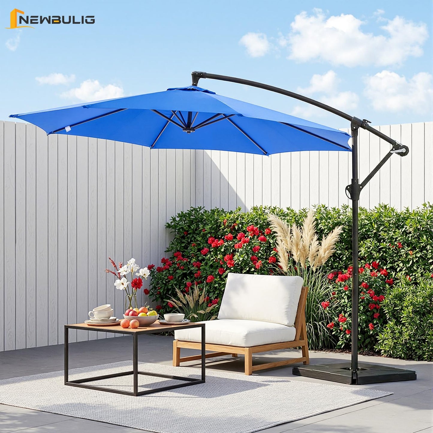 NEWBULIG 10FT Patio Umbrella with Base Included, Offset Cantilever Outdoor Patio Table Umbrella, UV Protection, Fade Resistant Fabric, Easy Tilt Adjustment for Pool, Deck, Garden, Backyard, Blue