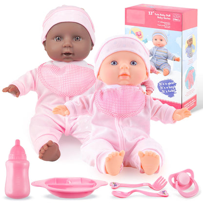 Toy Choi's Twin Baby Dolls - 12 inch Two Soft Body Black and White Doll with Accessoires, Dolls Play Set for 2 3 4 5 Year Old Boys and Girls Gift | Pink Outfit Doll Set