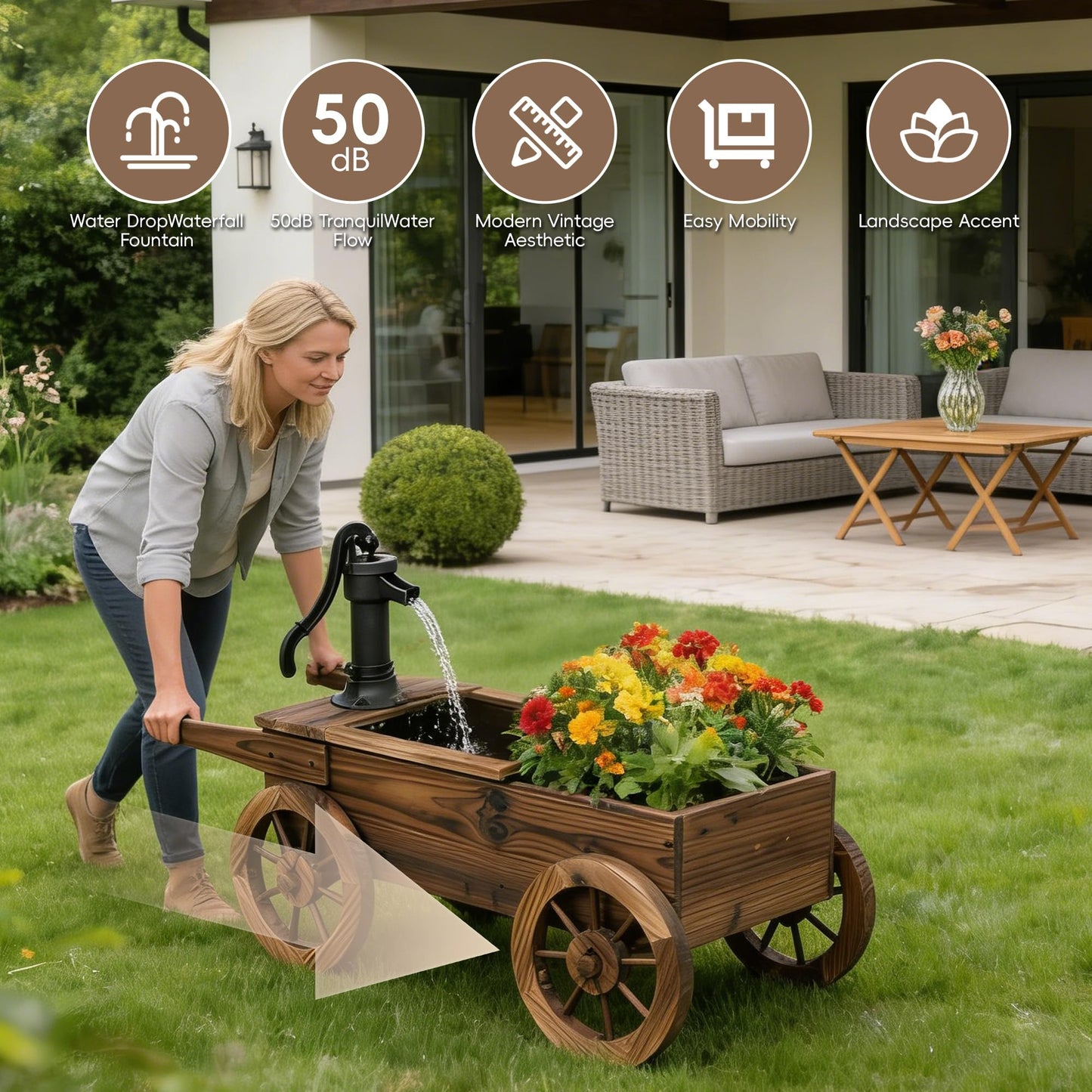 Outdoor Water Fountain, Wooden Wagon Garden Fountain with Planter Box, Rustic Cart Water Feature with Retro Hand Pump, Decorative Outdoor Flower Pot for Patio & Backyard, Plug-in Electric