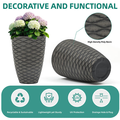 Ultym 19" H Coastal Planter for Indoor/Outdoor Plants, Set of 2 Large Flower Pot with Drainage Hole, Weather-Resistant Resin Planters for Garden Patio Porch Home Office Decor, Rustic Black Wavy