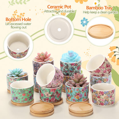 Threehoney 12 Pack 3.14 Inch Ceramic Succulent Plant Pots Mini Flower Cylinder Pots with Drainage Hole and Bamboo Trays for Small Plants Flowers Cactus Home Office Decor(Chinoiserie)