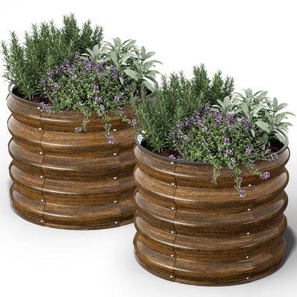 Kesfitt Round Metal Raised Garden Bed, 2x2x1.5 FT, 18-Inch Deep Galvanized Steel Garden Bed with Open Bottom for Outdoor Vegetables & Herbs, Walnut Finish, 2 Pack
