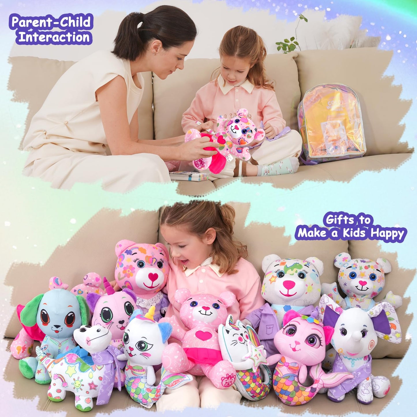 DRAWMYTOY Stuffed Animal Coloring Plush Toy Bear with 20 Washable Markers Laser Holographic Backpack Road Trip Car Game Writing Painting Set for Girls Doodle Dolls Kids Ages 3-6 Birthday (Pink Bear)