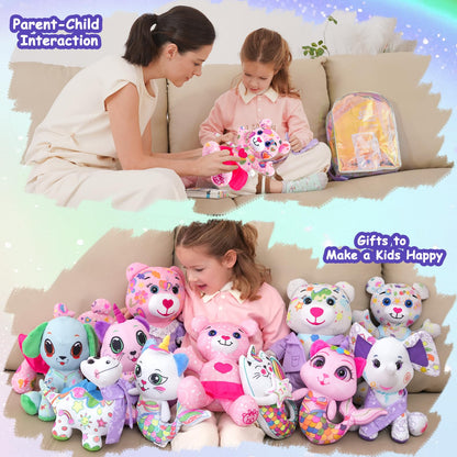 DRAWMYTOY Stuffed Animal Coloring Plush Toy Bear with 20 Washable Markers Laser Holographic Backpack Road Trip Car Game Writing Painting Set for Girls Doodle Dolls Kids Ages 3-6 Birthday (Pink Bear)