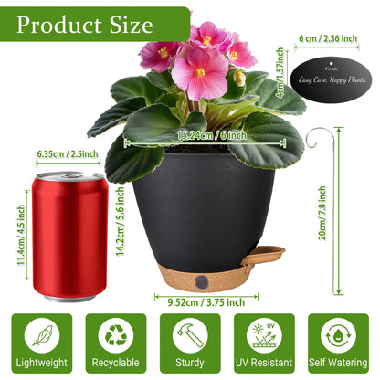 6 Inch Self Watering Pots for Indoor Plants(5-Pack) – Small Plastic Planters with Water Level Window, Drainage Holes & Detachable Trays, Indoor Outdoor Flower Pots for Herbs, Snake,Pothos(Black)