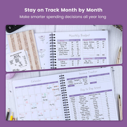 Monthly Budget Planner Book (Undated) with 12 Pockets for Income, Debt, Saving, Expense and Bill Tracker Organizer, Purple, Spiral Design