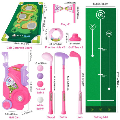Jovizo Toddler Golf Set for Boys Girls 1 2 3 4 Years Old, Upgraded Kids Golf Cart with Putting Mat & Cornhole Board, Outdoor Indoor Sports Toys, Pink