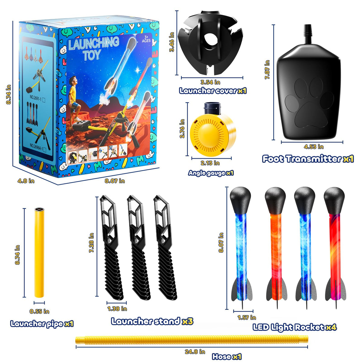 JUKUDAHU Rockets for Kids Age 4-8 with 4 LED Rockets and Launcher - Outdoor Toys for 4 5 6 7 8-12 Year Old Boy Birthday Gift, Air Powered Flying Toy Shooting Up to 100 Feet, Toys for Kids Ages 8-12