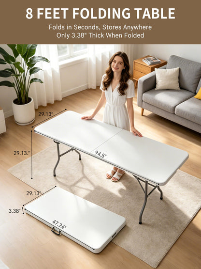 CHRONELLE 8 Foot Folding Table Portable, 8FT Folding Dining Table for Indoor Outdoor, Heavy Duty Fold-in-Half Plastic Long Large Rectangular Utility Card Tables for Picnic Camping Party, 95x29 inch