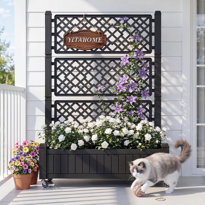 YITAHOME 42.5x14.2x61 in Planter Box with Trellis/Outdoor Privacy Screen, All-Weather Raised Garden Bed with Wheels & Drain Plug for Climbing Plants Flowers Herbs, Black
