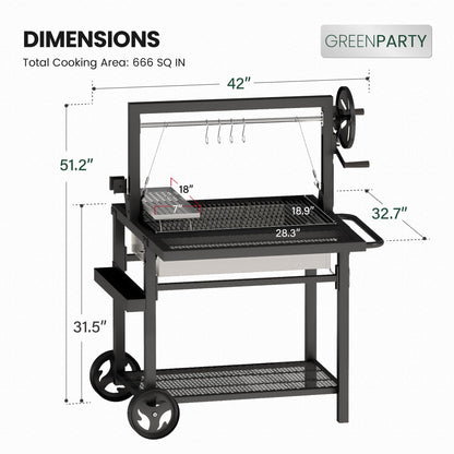Argentine Santa Maria Grill, Wood Fire & Charcoal BBQ Grill with Adjustable Height Grates, Argentinian Open Fire Grill with S-Hooks and Foldable Front Table for Outdoor Patio Backyard Gaucho Grilling