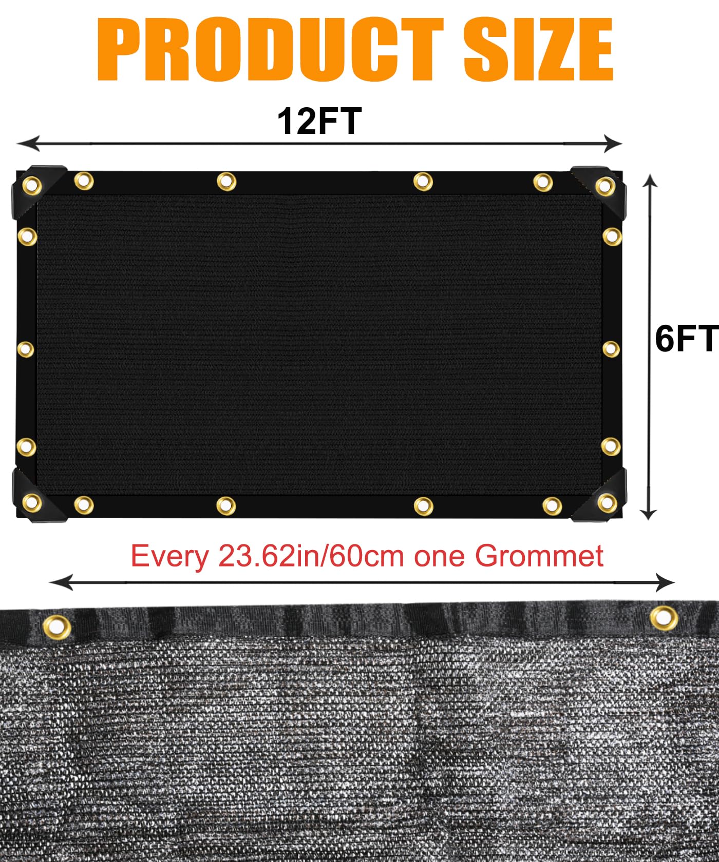 E.share 40%-50% Black Sun Shade Cloth Outdoor - 12Ft X 6Ft Garden Shade Netting with Grommets for Greenhouse, Plant Covers, Patio, Chicken Coop, Barn & Kennel