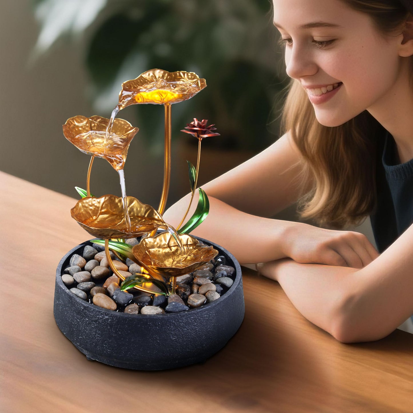 MSEONWXI Tabletop Fountain Metal Lotus Circulating Fountain Water Feature for Zen Home Decor Warm Yellow Scene Light(23034)