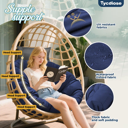 Tycdiose Outdoor Swing Egg Chair Cushion Waterproof, Thicken Hanging Basket Egg Chair Cushion Replacement Papasan Chairs Cushions with Headrest Pillow, Larger Round Cushions for Eggs Chairs (Blue)