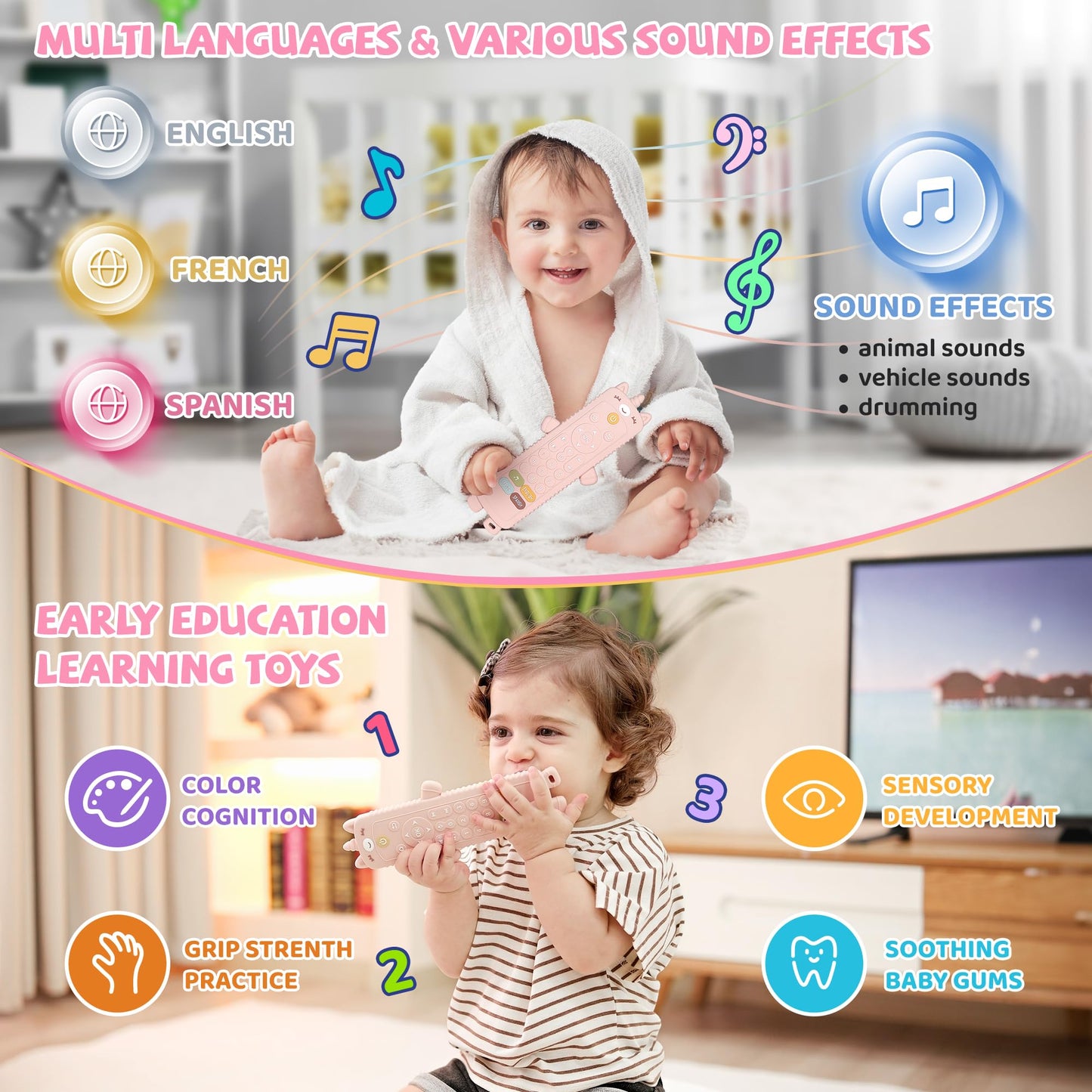 KIRALUMI Baby Remote Control Toy with Silicone Teether Cover - Baby Musical Toys, Early Number Learning in 3 Languages (English, Spanish & French), Preschool Infant Girl Toys 6, 9, 12, 18 Month.