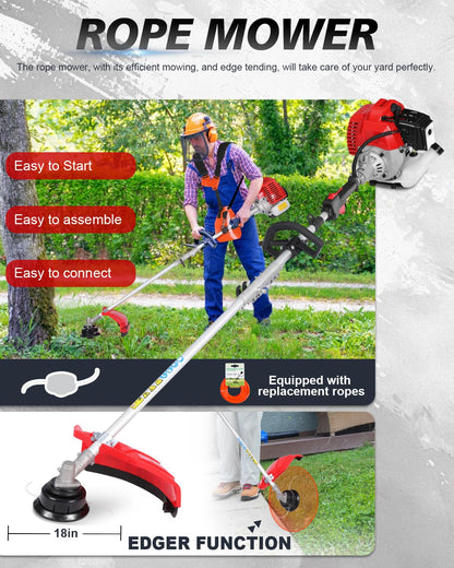 WTHW 52CC Gas Weed Wacker & Weed Eater Multi-Tool - Heavy Duty Brush Cutter, Pole Saw, Hedge Blade, String Line & 40-Inch Extension - Anti-Vibration Design, Fast Cold Starts (Red)