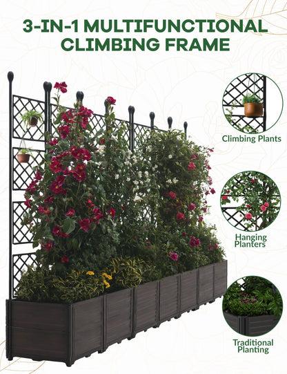 7 PCS Plastic Planter Box with Trellis - 5.25 FT Tall Raised Garden Bed, Lockable Wheels & Drainage for Patio, Balcony Tomatoes, Flowers, Herbs Weather-Resistant Resin Outdoor Decor