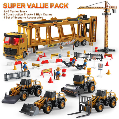 GLW Construction Trucks Toy Set – Alloy Inertia Driving 1:40 & 1:55 Simulation Model Toys, Including Forklifts, Wheel Loader, Road Rollers, Bulldozer, and High Cranes with Scenario Accessories