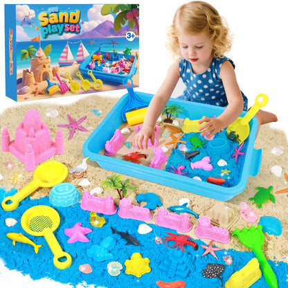 Mikiwon Ocean Sensory Bin, Sandbox Play Sand Art Kit with 3.3lbs Play Sand, Sea Animal Toys Molds, Sensory Play for Girls Boys Age 3 4 5 6 7 8, Beach Toys for Kids Xmas Birthday Gifts