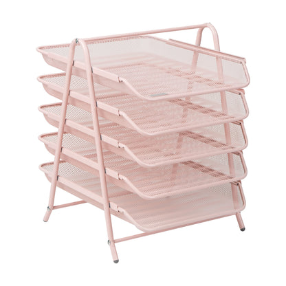 Mind Reader 5-Tier Paper Tray Organizer, Vertical Desktop File Storage Rack, Office, Metal Mesh, Pink