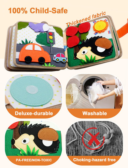 BizyKoady Busy Book for Toddlers 1-3, Montessori Toys for 1 Year Old, Kids Travel Toys, Educational Activity Book, Birthday Gifts for Boys & Girls, Washable Felt Busy Board, Giraffe
