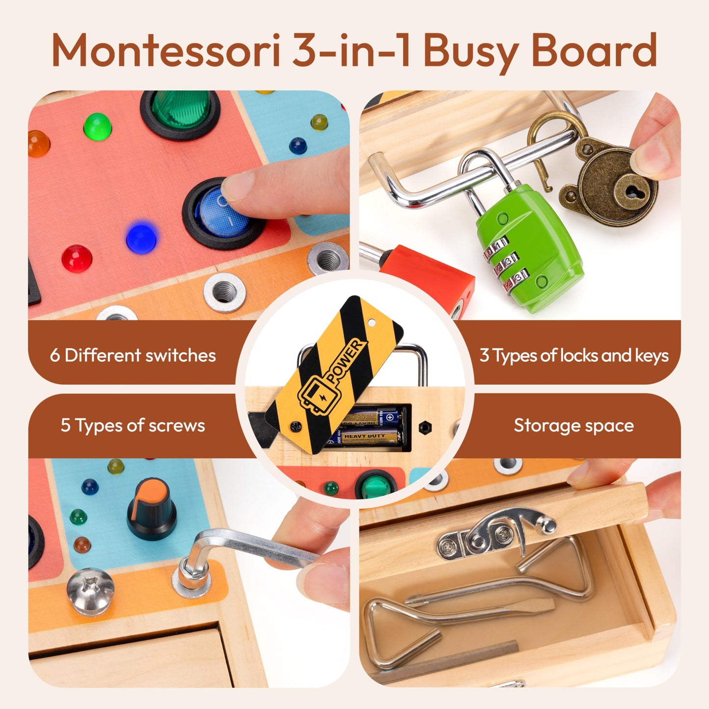 Woodtoe Montessori Toys for Toddler 3 4 5 Year Old, 3-in-1 Busy Board with LED Light Switch, Screwdriver Board Set, Lock and Key Toy, Educational Sensory Toys, Fine Motor Skill Birthday Toys for Kids