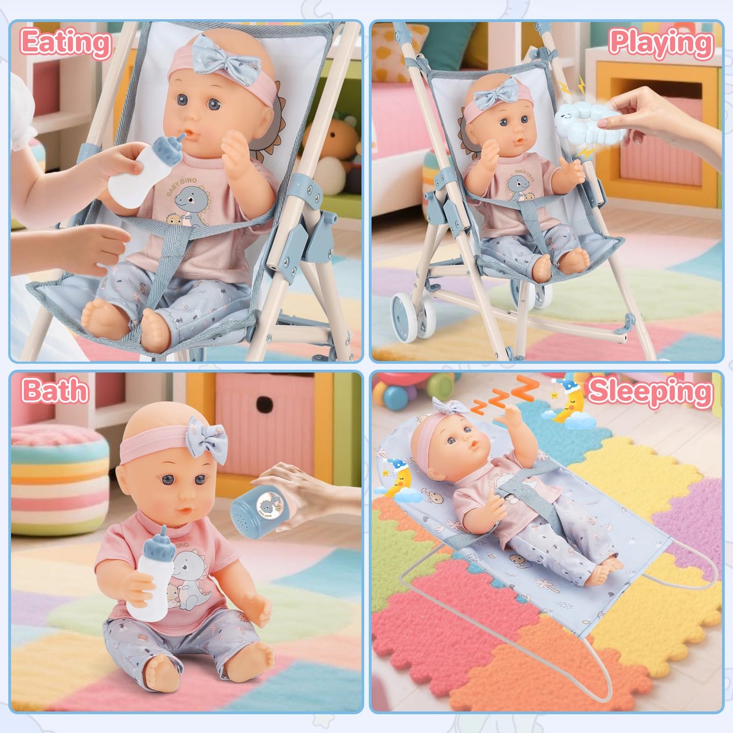 deAO Baby Doll Set,12 inch Doll Playset with Doll Stroller Crib Bed Nursery Role Play Set Accessories and Play Mat,Foldable Stroller and Travel Bag,Birthday Gifts for Girls