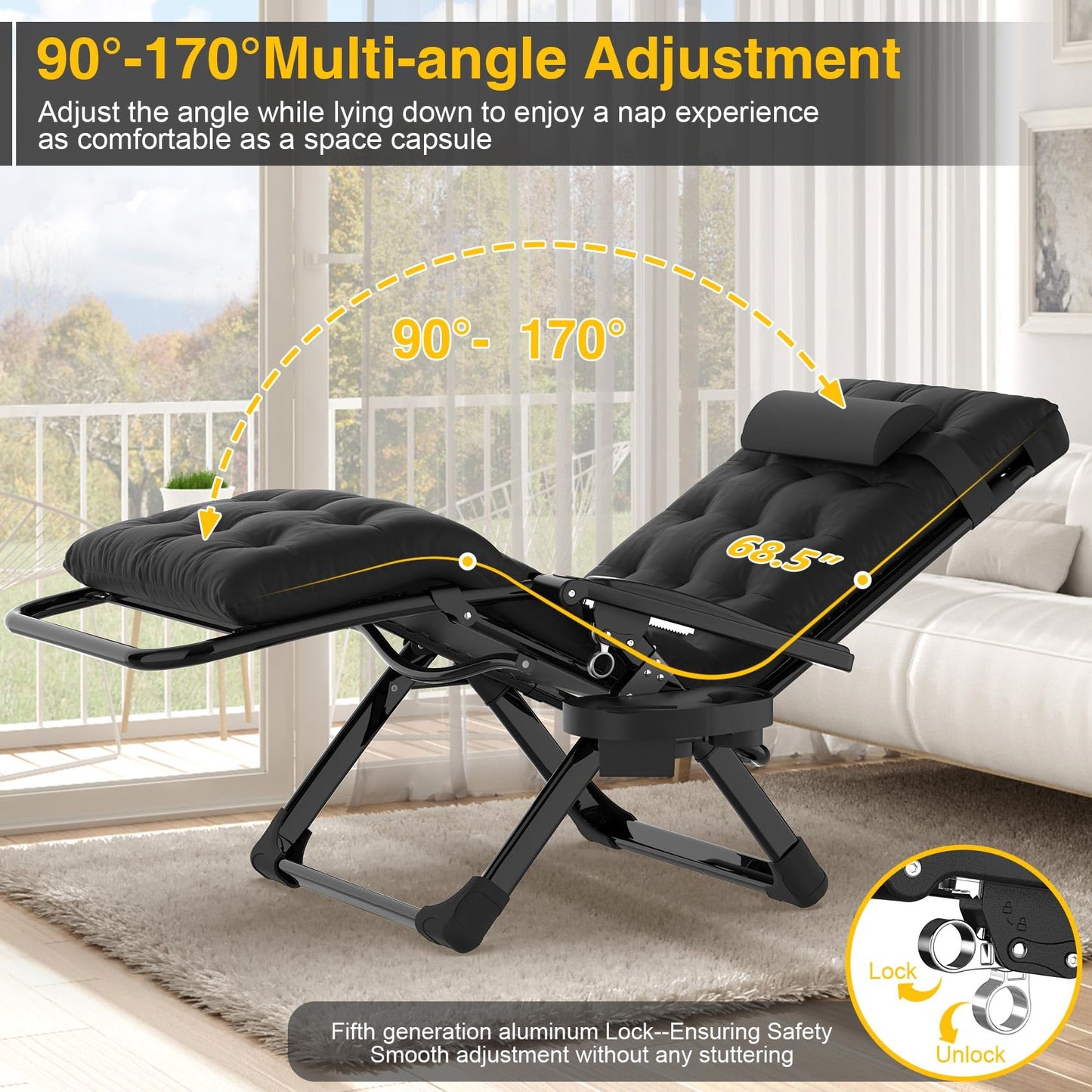 Suteck Zero Gravity Chair, Reclining Camping Lounge Chair with Aluminum Alloy Lock, Folding Patio Recliner w/Removable Pad, Adjustable Headrest and Side Tray for Outdoor Patio, Lawn, and Camping