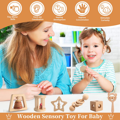 Wooden Rattles for Baby, 7PCS Wooden Montessori Toys for 7-24 Months Baby Boy Girl, Natural Beech Wood Grasping Toy, Gift for Babies