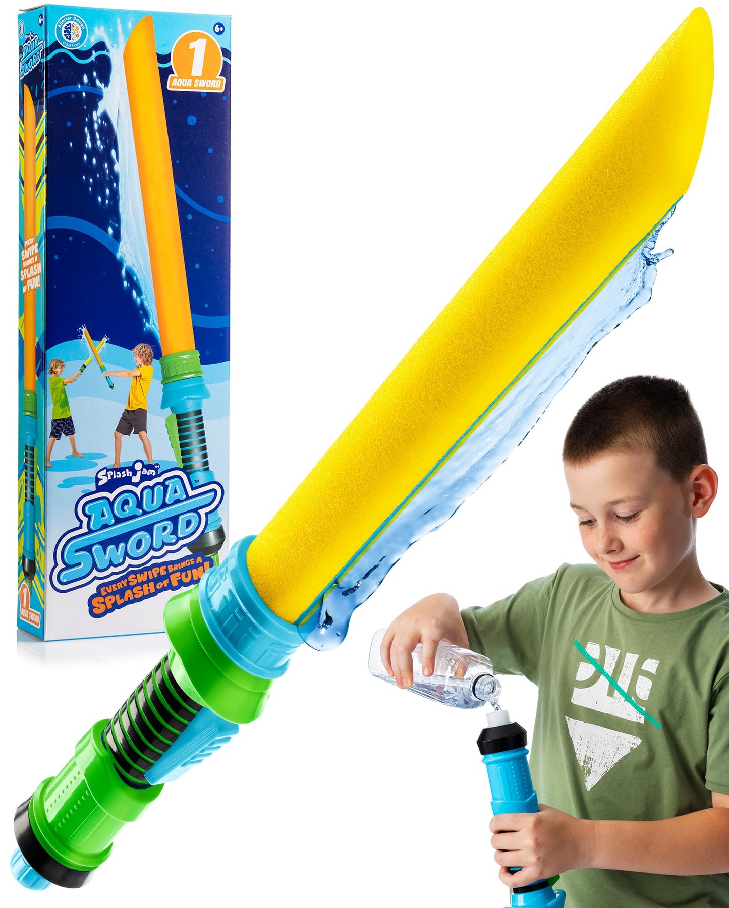 SPLASH JAM AQUA SWORD, Fun Swimming Pool Toys Made from Soft Foam Sponges Suitable for Kids 6+ Ages, Exciting Outdoor Summer Games with 130ml Water Tank, Orange (Yellow)