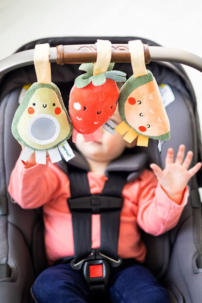 Pearhead Fruit Stroller Toys, Stocking Stuffers for Babies, Newborn Ideas, Plush Interactive Toy Set for Baby Car Seat with Hanging Mirror, Strawberry Avocado Watermelon, Set of 3